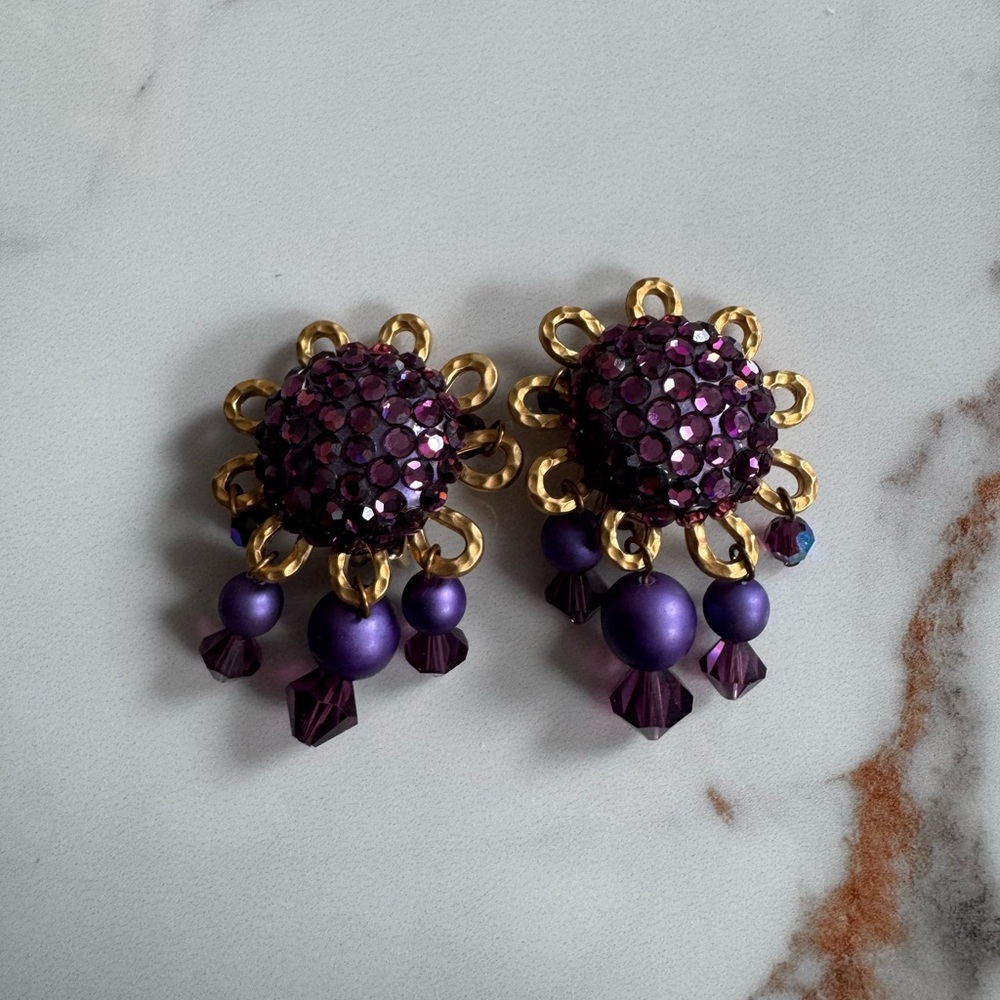 Vibrant Purple and Gold Cluster Earrings Clip On Lisa Violetto Vintage